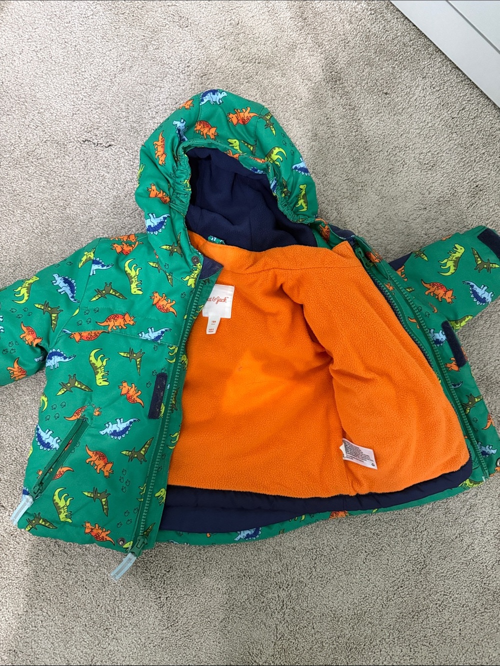 Cat & Jack Green Dinosaur Print Puffer Jacket with Orange Lining